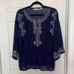 Japna Sheer Embroidered Tunic Top Blue White Size XL